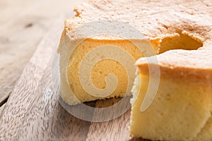 Selective focus, Chiffon cake on wood board.