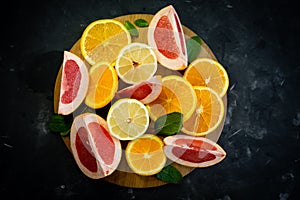 selective focus, citrus fruit on dark background