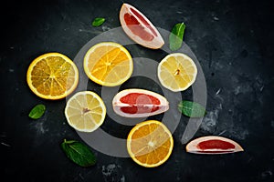 selective focus, citrus fruit on dark background