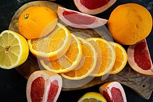 selective focus, citrus fruit on dark background