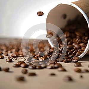 Selective focus close up of spilled coffee beans from paper cup