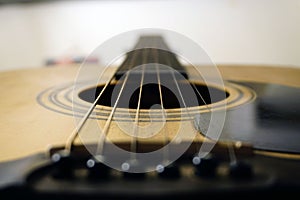 Selective focus closeup of a Classic guitar strings and body