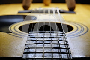 Selective focus closeup of a Classic guitar strings and body