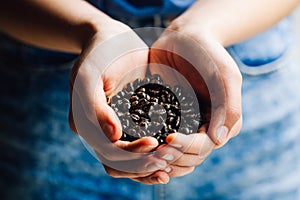 Selective focus closeup shot of coffee beans scooped inside cupped hands of a person