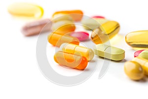 Selective focus on colorful medication and pills