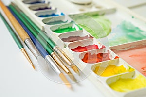 Selective focus of Colorful Watercolor palette  on a white background