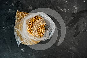 selective focus, corn kernels in plastic bag