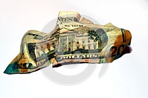 Selective focus of crumpled reverse American money of 20 $ twenty dollars bill  on white background, wrinkled dollars