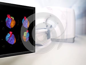Selective focus of CTA Coronary artery 3D rendering image on the mornitor in CT Scanner room.