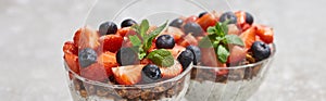 Selective focus of delicious granola with berries and mint on grey concrete surface, panoramic shot