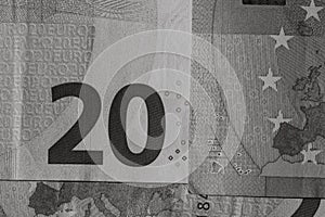 Selective focus on detail of euro banknotes. Close up macro detail of money banknotes, 20 euro isolated. World money concept,