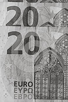 Selective focus on detail of euro banknotes. Close up macro detail of money banknotes, 20 euro isolated. World money concept,