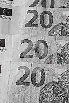 Selective focus on detail of euro banknotes. Close up macro detail of money banknotes, 20 euro isolated. World money concept,