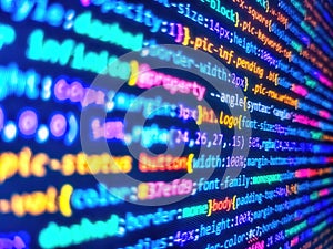 Selective focus. Developing programming and coding technologies. Website codes on computer monitor. Computer program. Abstract