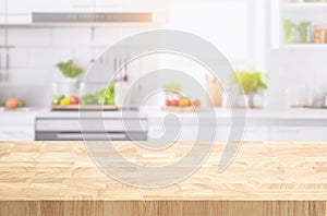 Selective focus.End grain wood counter,table top on blur kitchen counter in morning background