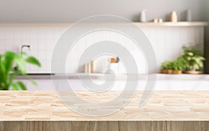 Selective focus.End grain wood counter table top on blur white minimal kitchen background