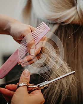 Selective focus of a female hairdresser with scissors and comb cutting blonde hair in a salon
