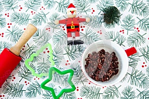 Selective focus festive Holidays flat lay view of baking instruments