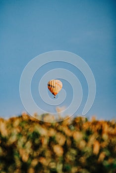 Selective focus of a floating hot air balloon with a clear blue sky background