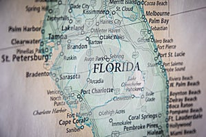 Selective Focus Of Florida State On A Geographical And Political State Map Of The USA