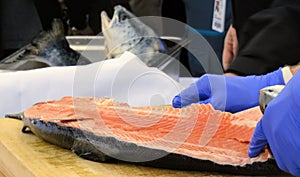 Selective focus of fresh Norwegian salmon filleted for a healthy dinner