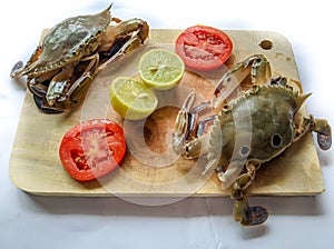 Selective focus of Fresh Three Spotted swimming Crab on a wooden pad Decorated with lemon slice and tomato slice . isolated on a photo