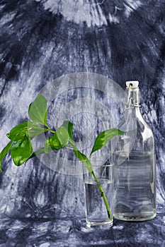 Selective focus, a glass of water with a bottle