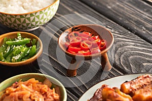 Selective focus of green bell peppers