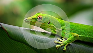 A selective focus of a green Comorian day gecko on a leaf