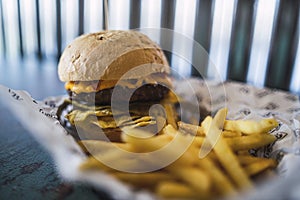 Selective focus of a hamburger with chips in a plate with french fries - perfect for food concepts