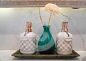 selective focus hand wash and lotion bottle on washbasin counter in luxury bedroom