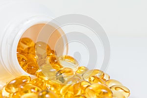 Selective focus image. Fish oil nutritional supplement capsules