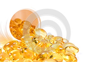 Selective focus image. Fish oil nutritional supplement capsules