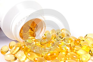 Selective focus image. Fish oil nutritional supplement capsules