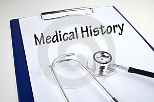 Selective focus image stethoscope with Medical History wording. Medical concept