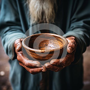 Selective focus on impoverished old mans hands clutching an empty bowl