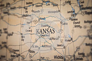 Selective Focus Of KAnsas State On A Geographical And Political State Map Of The USA