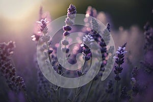 Selective focus on lavender flower in flower garden, lavender flowers lit by sunlight.