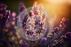 Selective focus on lavender flower in flower garden, lavender flowers lit by sunlight. generative AI