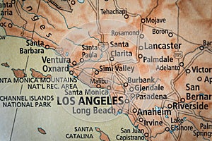 Selective Focus Of Los Angeles California On A Geographical And Political State Map Of The USA