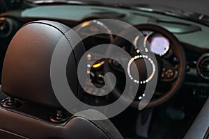 Selective focus of luxuary super car Interior Design for background. Supercar sport car background concept