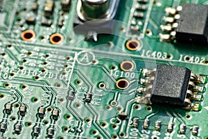 Selective Focus, macro photography, extreme close-up of an integrated electronic circuit