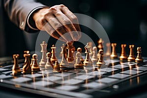Selective focus Mans hand in chess play, metaphorically guiding strategic business decisions