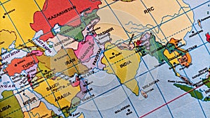 Selective focus of the map of India and Pakistan.