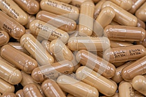 Selective focus of medicine capsules texture background