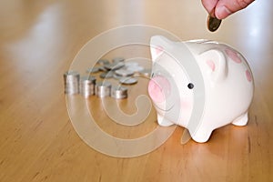 Selective focus of Men hand putting coin to piggy bank with stack of coin on wooden desk fill with natural light background.