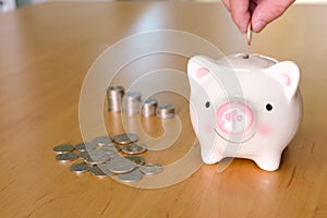 Selective focus of Men hand putting coin to piggy bank with stack of coin on wooden desk fill with natural light background.