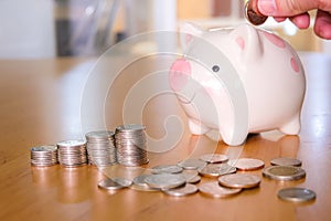 Selective focus of Men hand putting coin to piggy bank with stack of coin on wooden desk fill with natural light background.
