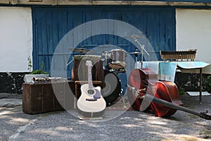 Selective focus microphone and blur musical equipment guitar ,lyric, drum piano