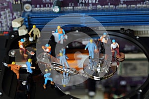 Selective focus of miniature engineer and worker maintenance hard disk and fixed problem hard disk of Personal computer PC on